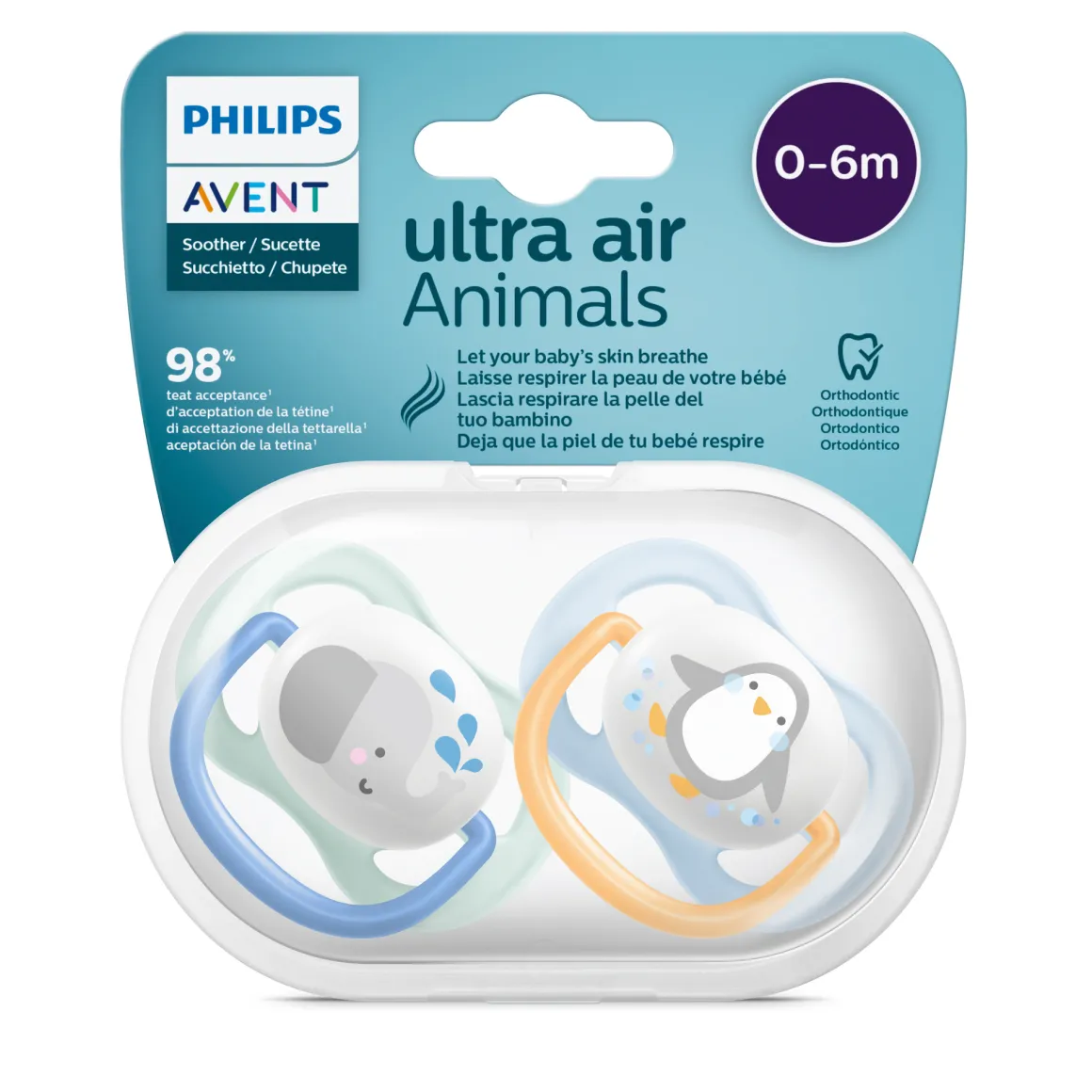 2 ciucci ultra air collection 0-6 mesi con tettarella simmetrica ortodontica – animaletti – philips avent