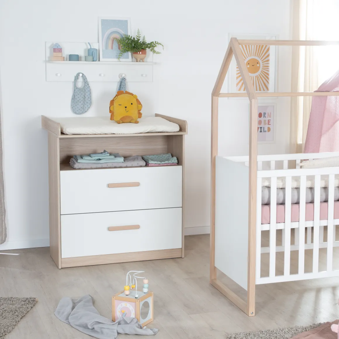 Cassettiera fasciatoio, 2 cassetti + 1 ripiano naturale bianco – roba