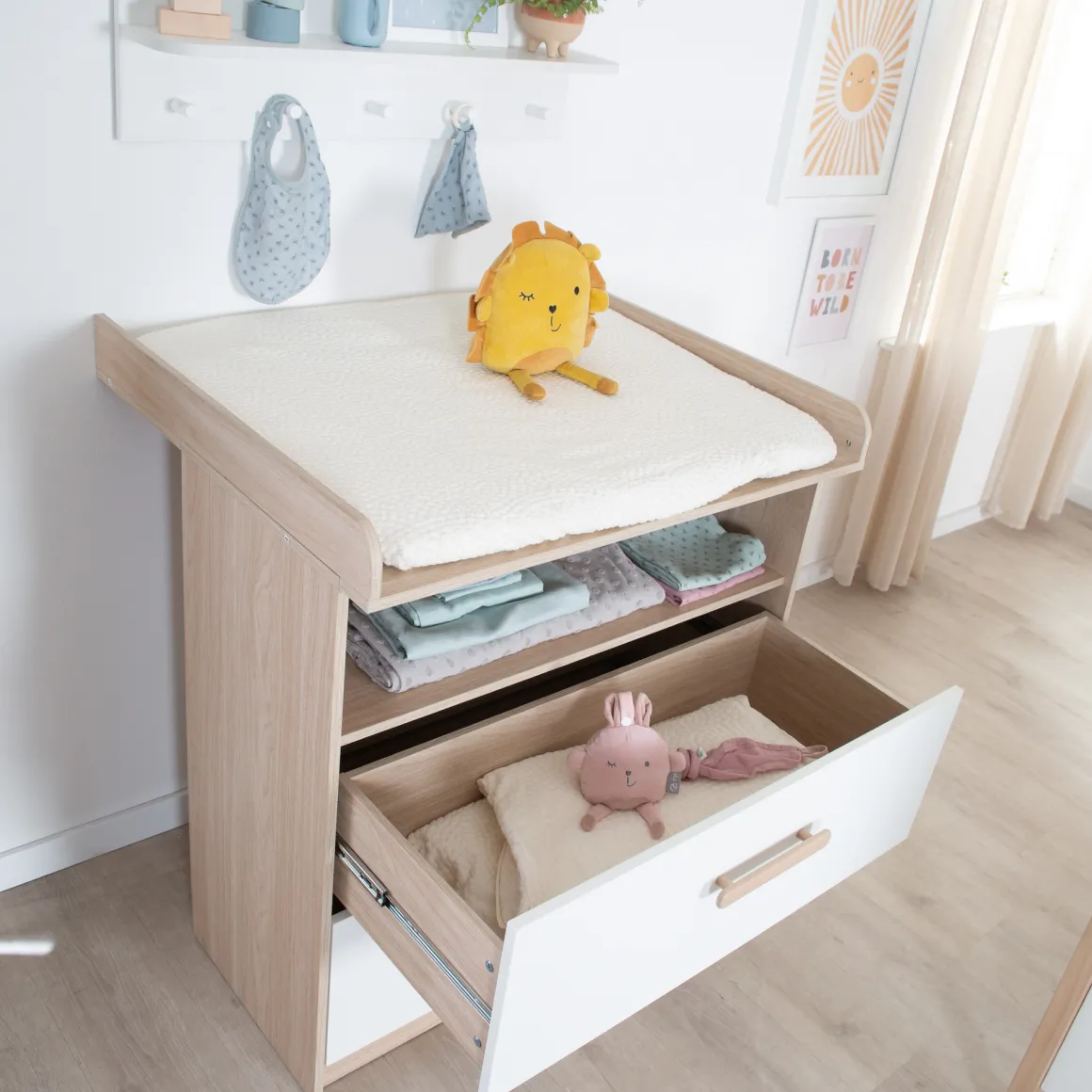 Cassettiera fasciatoio, 2 cassetti + 1 ripiano naturale bianco – roba