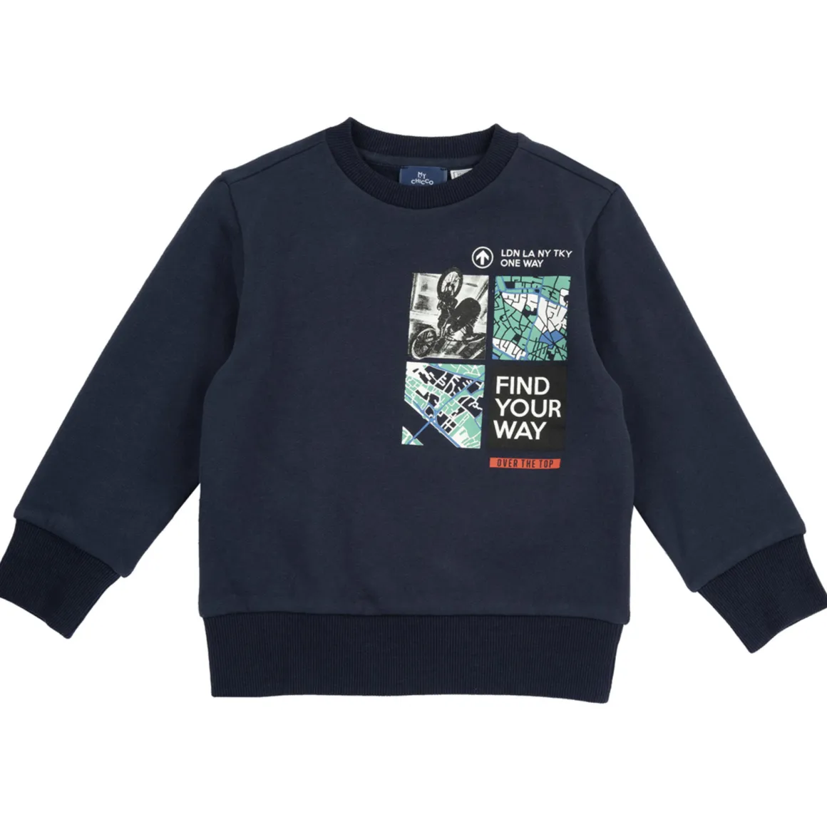 Chicco – sweat shirt pesante senza cappuccio con stampa bicicletta