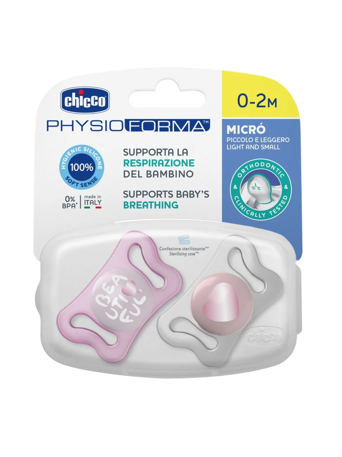 Chicco physioforma micrò pink, silicone, 0-2 mesi, 2 pezzi