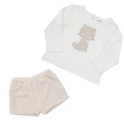 Completo maglia interlock + short morbidi bimba bianco/beige