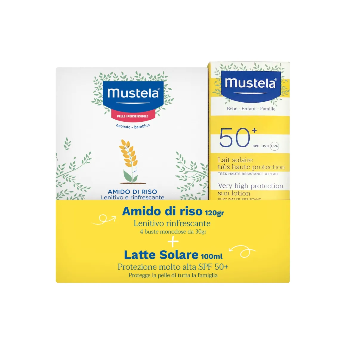 Latte solare protezione molto alta spf50+ 100ml + amido di riso 120gr – mustela
