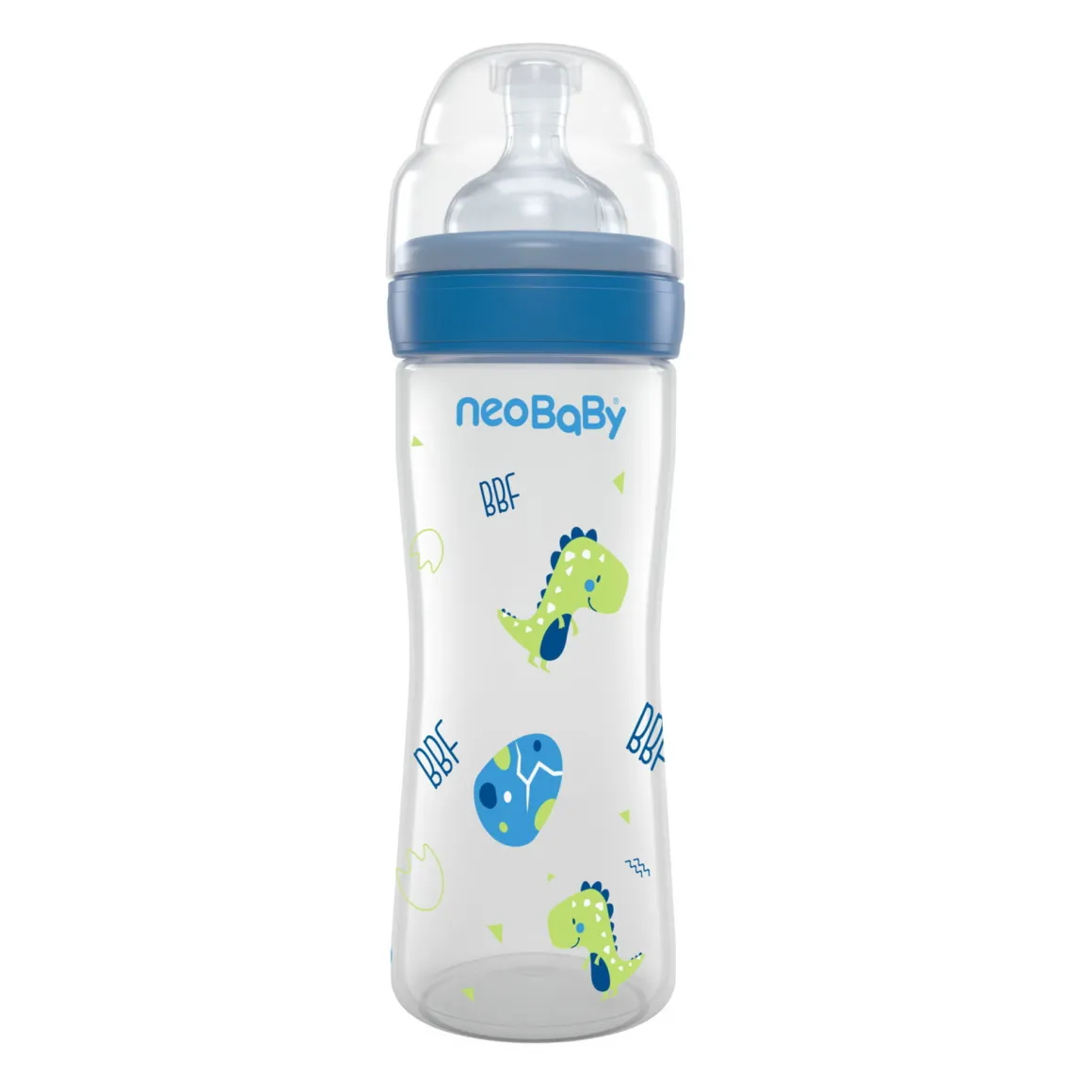 Neobaby biberon plastica collo largo silicone 250ml flusso regolabile blu 2m+