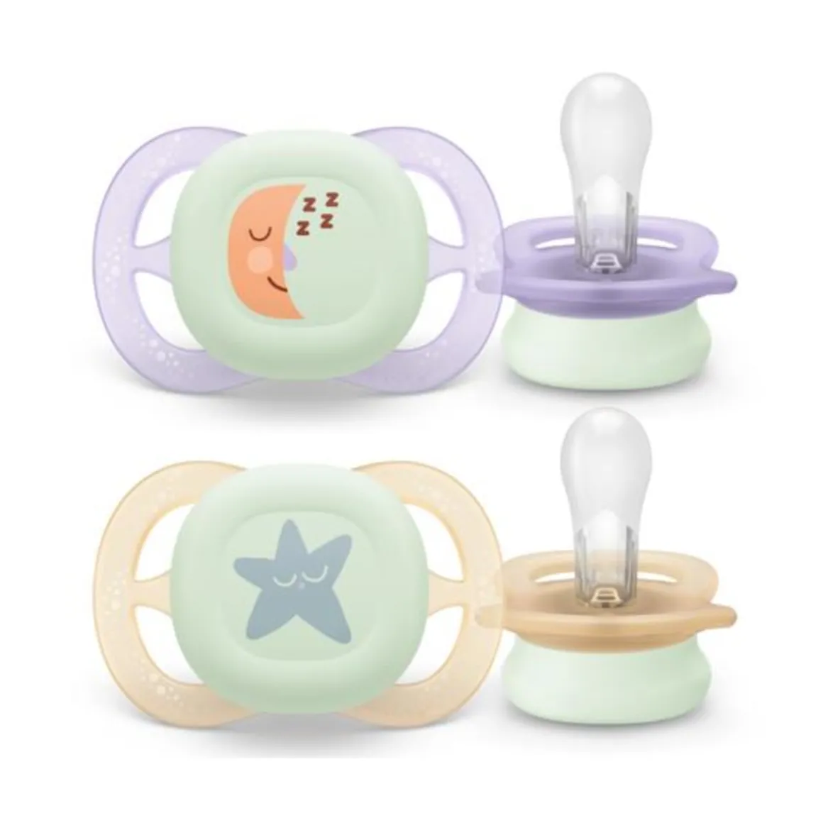 Succhietti ultra start 0-2m night pastello viola e arancione luna e stella, a base vegetale – set da 2 ciucci – philips avent