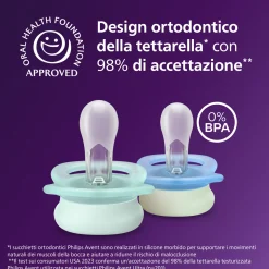 Succhietti ultra start 0-2m night pastello viola e arancione luna e stella, a base vegetale – set da 2 ciucci – philips avent