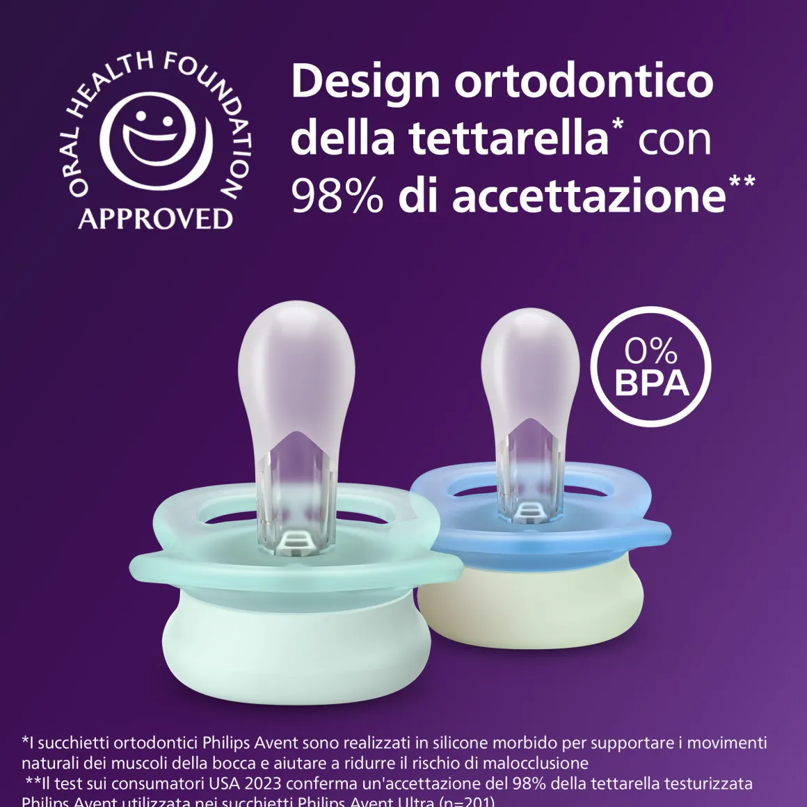Succhietti ultra start 0-2m night pastello viola e arancione luna e stella, a base vegetale – set da 2 ciucci – philips avent